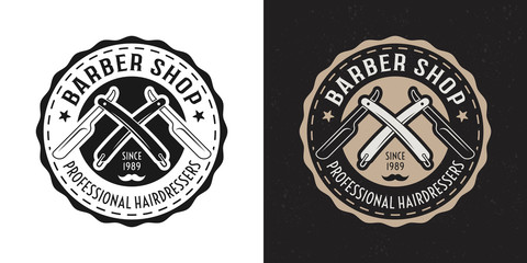Barbershop vector badge with straight razors