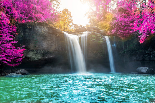 Fototapeta Amazing in nature, beautiful waterfall at colorful autumn forest in fall season 