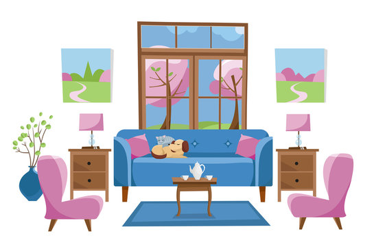 Living room furniture in bright colors on white background. Blue sofa with table, stands, lamps, carpet, porcelain set, soft chairs in room with large window. Outside spring trees. Flat cartoon vector