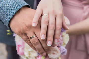 The bride's bouquet. Rings newlyweds. A bouquet of flowers with rings. Hands newlywed.