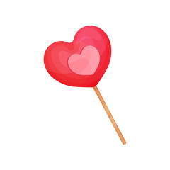 Pink lollipop in shape of heart. Candy on wooden stick. Sweet holiday dessert. Valentine s day theme. Flat vector