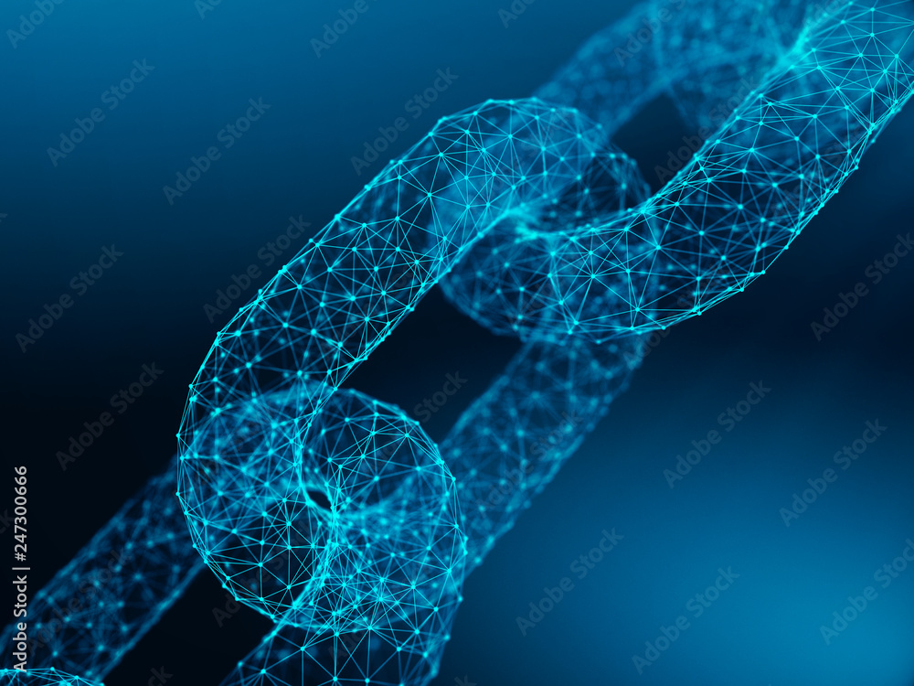 Poster block chain concept - chain of network connections . 3d rendering