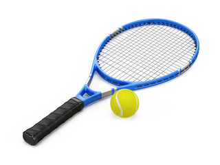 Tennis racquet and tennis ball isolated on white - 3d rendering