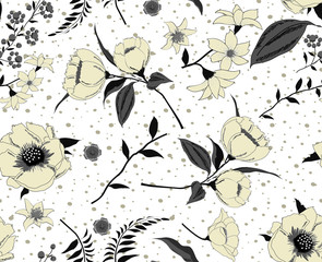 Trendy Floral pattern in the many kind of flowers. Tropical botanical Motifs scattered random. Seamless vector texture