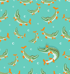 Fototapeta premium Pikes. Queen pike. Seamless pattern. Great pike. Design for the club of fishing enthusiasts, for printing on fabrics or paper.