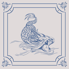 Mythological vintage sea monster on the Blue Dutch tile. Imitation. Glazed porcelain ceramic.