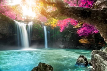 Fototapeten Erstaunlich in der Natur, schöner Wasserfall im bunten Herbstwald in der Herbstsaison © totojang1977