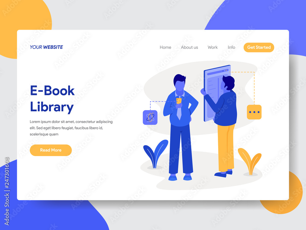 Poster landing page template of e-book library illustration concept. modern flat design concept of web page