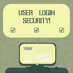 Handwriting text writing User Login Security. Concept meaning set of credentials used to authenticate demonstrating Mounted Computer Screen with Line Graph on Desk Blank Color Text Box