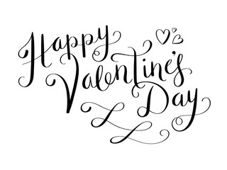 HAPPY VALENTINE'S DAY black vector brush calligraphy banner with hearts