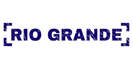 RIO GRANDE label seal print with corroded texture. Text label is placed inside corners. Blue vector rubber print of RIO GRANDE with scratched texture.