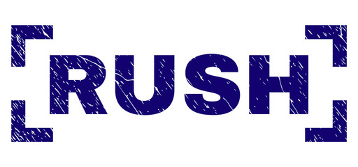 RUSH text seal print with distress effect. Text title is placed between corners. Blue vector rubber print of RUSH with retro texture.