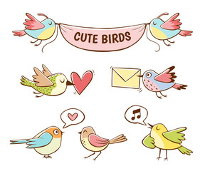 Obraz premium Colorful cute bird icons, isolated on white background. Hand drawn vector illustration.