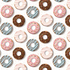 Pattern with glazed donuts on white