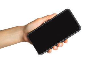 Women's hand showing black smartphone, concept of mobile shopping