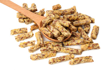 Granola breakfast in wooden spoon isolated on white background. muesli. healthy food. fitness food.
