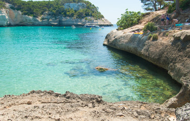 View of seascape around Mitjana and Mitjaneta bays of Menorca island