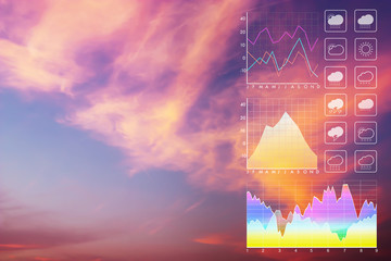 Weather forecast symbol data presentation with graph and chart on sunset evening background.