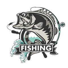 Fishing bass logo. Bass fish with rod club emblem. Fishing theme illustration. Fish Isolated on white.