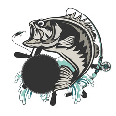 Fishing bass logo. Bass fish with rod club emblem. Fishing theme illustration. Fish Isolated on white.