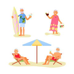  Elderly people characters relaxes on a sea beach