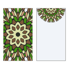 Ethnic Mandala Ornament. Templates invitation card With Mandalas. Floral decoration. Vector illustration Green, brown color. Card Design For Banners, Greeting Cards, Gifts Tags.