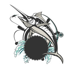 Marlin fish logo.Sword fish fishing emblem for sport club. Angry marlin fishing background theme vector illustration.