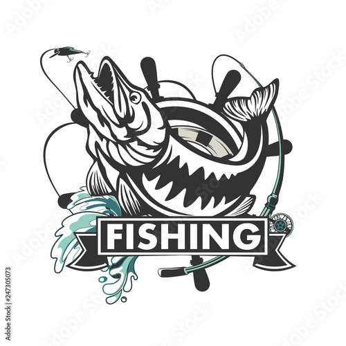 Download Pike Fishing Emblem Pike Fish Logo Vector Outdoor Fishing Background Theme Angry Fish Logo Wall Mural Lioriki