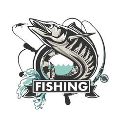 Wahoo fish. Fishing logo vector. Acanthocybium solandri. Scombrid fish jumping up fishing emblem on white background.