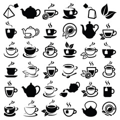 Tea icon collection - vector outline illustration and silhouette