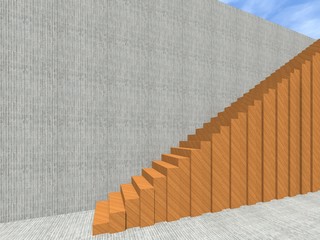 Conceptual stair on wall background building or architecture as metaphor to business success, growth, progress or achievement. 3D illustration of creative steps riseing up to the top as vision design