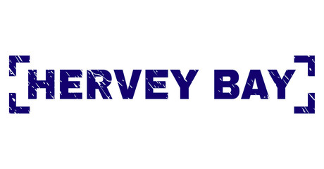 HERVEY BAY label seal stamp with grunge texture. Text tag is placed inside corners. Blue vector rubber print of HERVEY BAY with grunge texture.