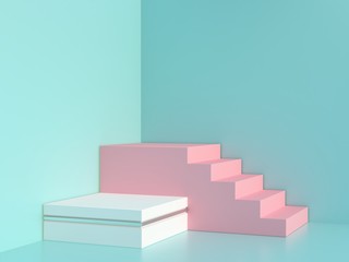 Scene with geometrical forms in pastel cream colors.  Pink stairs and white box podium with metalic details. Minimal blue background. 3d render. 