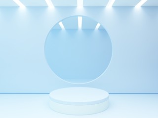 Minimal scene with cylinder podium. Abstract geometric background.   Empty room, modern minimalistic mock up, empty showcase. Blue background. False ceiling illuminated. 3d render.