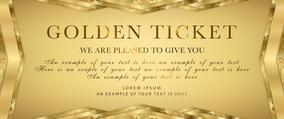 Golden ticket. Gold background for reward card design. Useful for Coupon, any festival, party, cinema, event or entertainment show