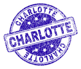 CHARLOTTE stamp seal watermark with distress texture. Designed with rounded rectangles and circles. Blue vector rubber print of CHARLOTTE title with dirty texture.