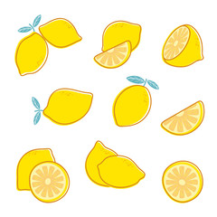 Cut lemon. Fresh citrus fruit. Lemon slice and leaves. Vector collection isolated on white background. Fruit citrus fresh, food ingredient illustration