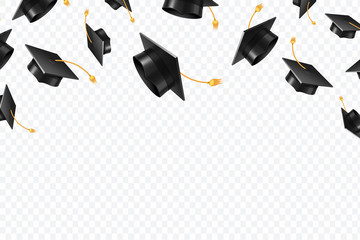 Graduate caps flying. Black academic hats in air. Education isolated vector concept. Finish college education, graduation school illustration