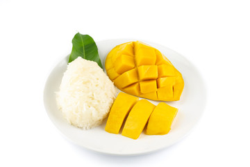 yellow Mango with sticky rice on a white plate Isolated on white background