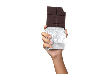 Close-up hand holding Chocolate isolated on a White Background