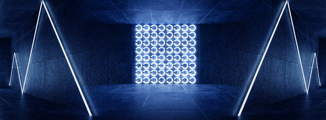 Dark room, corridor, tunnel with illumination on an empty concrete wall, neon light, rays, laser,...