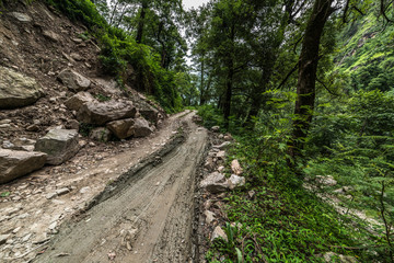 Fototapeta na wymiar landscape of dirt road in rural scene use for natural background - Sainj Valley, Himachal Pradesh, India