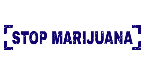STOP MARIJUANA title seal print with corroded texture. Text title is placed between corners. Blue vector rubber print of STOP MARIJUANA with dirty texture.