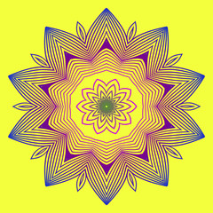 Sacred Oriental Mandala. Color Floral Ornament. Abstract Shapes In Asian Style. Vector Illustration. Yellow purple color
