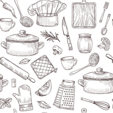 Kitchen tools seamless pattern. Sketch cooking utensils hand drawn kitchenware. Engraved kitchen elements vector background. Kitchenware equipment, cookware accessory, saucepan and spoon illustration