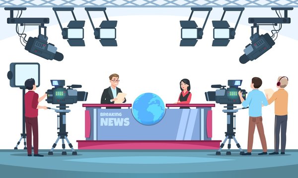 News tv show studio. Presenters broadcasting with cameraman on television. People talking to camera in studio. Vector illustration. Cameraman team , news studio television