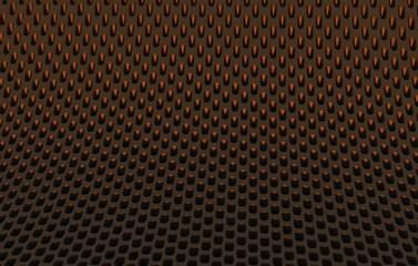 Metal mesh grild. Abstract 3d rendering background in high resolution. 3d render of  black carbon grid with orange light.