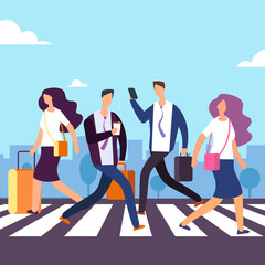People cross the road at crosswalk vector illustration. People going to crosswalk street
