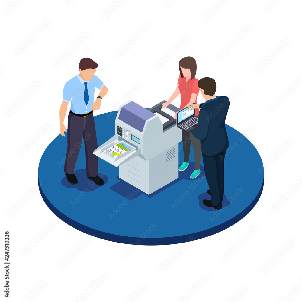 Aufkleber office workers are testing a new printer isometric vector concept. office printer isometric, worker 
