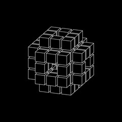 Abstract 3d cube from cubes. Dimetric projection. Vector outline illustration.